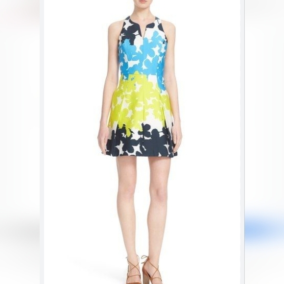 Milly Abstract Floral Print Fit & Flare Racerback Dress 6 Blue Lime Stretch - Picture 1 of 12
